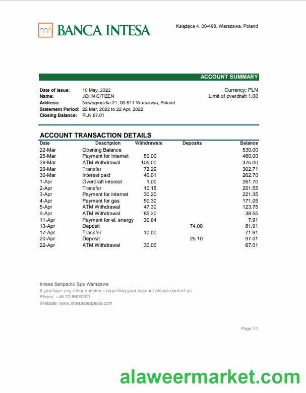 Poland Banca Intesa bank statement Excel and PDF template